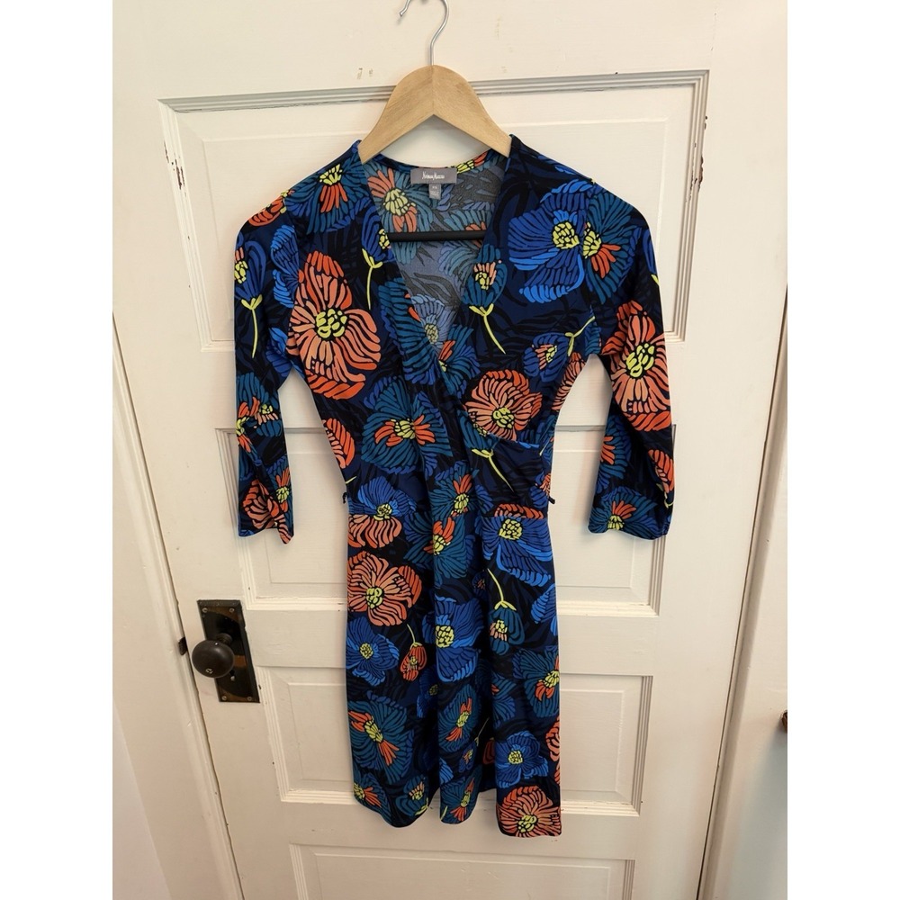 Neumann Marcus Women's Navy Floral Faux Wrap Dress 3/4 Sleeves Colorful Size XS